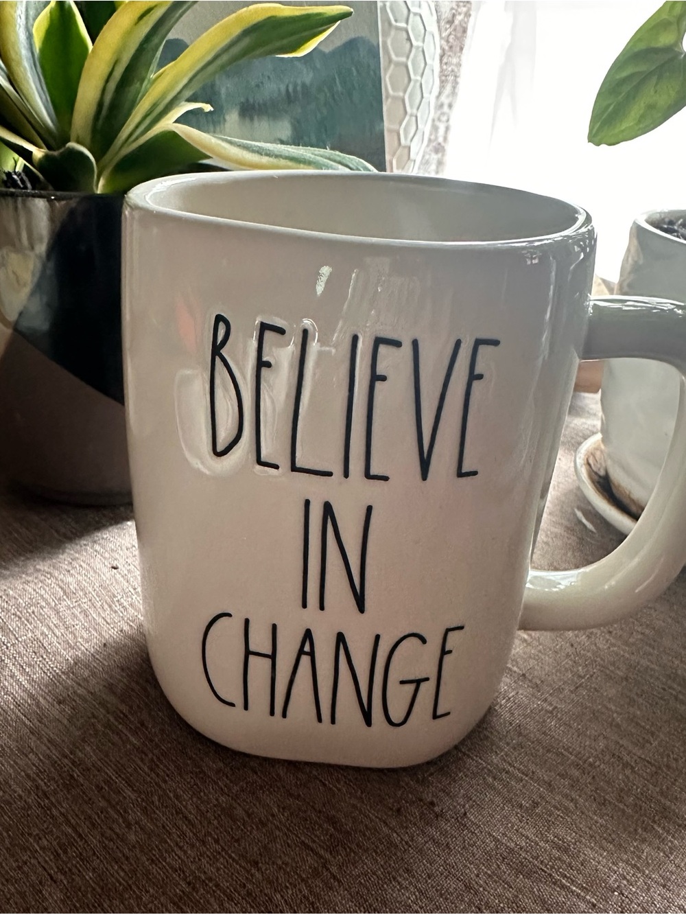 Rae Dunn White Ceramic Mug with Black Lettering - "Believe In Change"